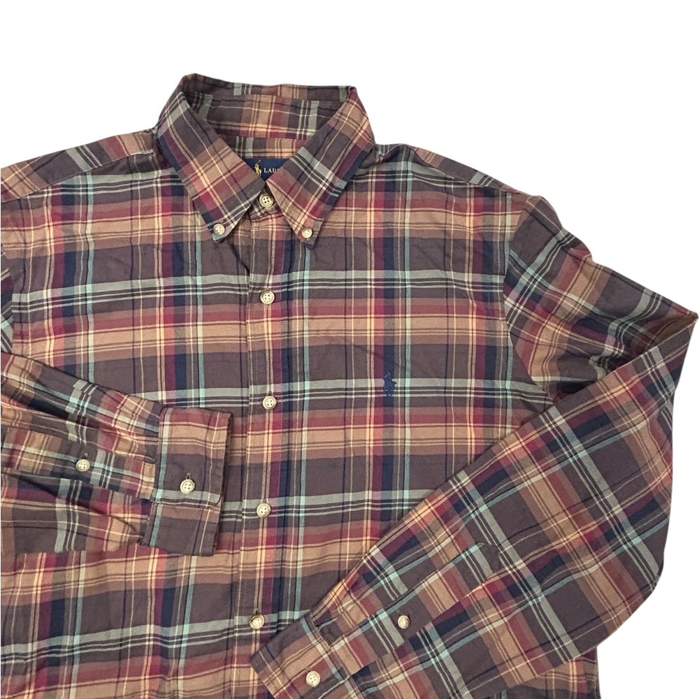 Ralph Lauren Men’s Plaid Casual Button-Down Shirt L Brown Red Long Sleeve